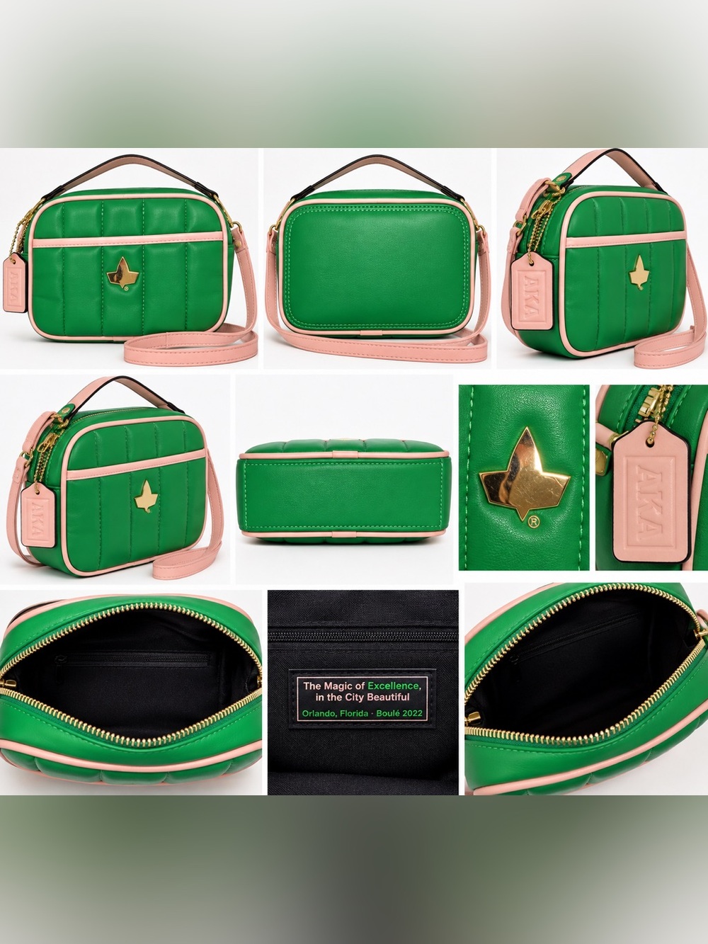 AKA Green and Pink Leather Crossbody  Bag